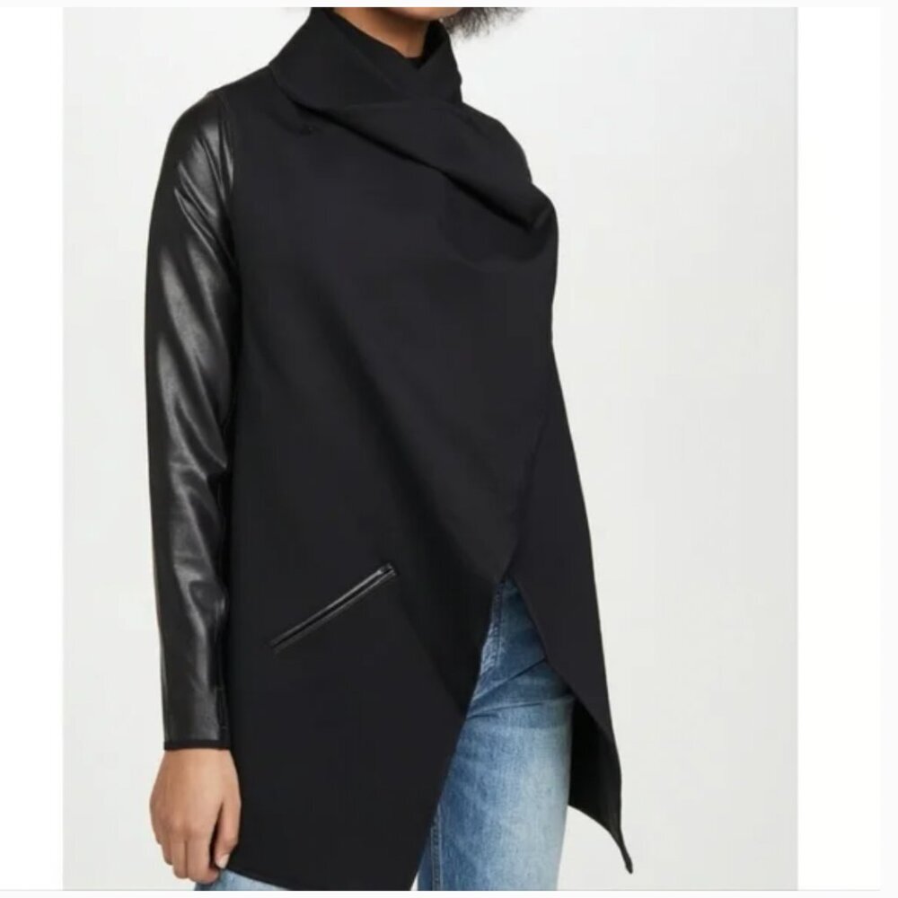 SPANX Drape Front Jacket Women's Black Ponte Faux Leather Wrap Waterfall